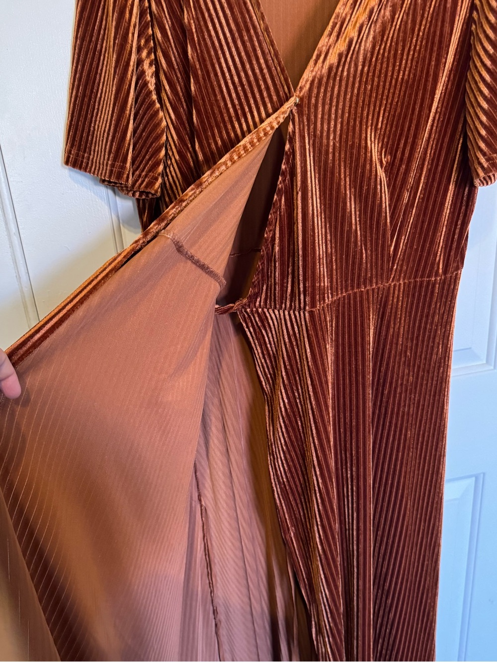 Women's Burnt Orange Velvet V Neck Wrap Dress - Picture 7 of 15